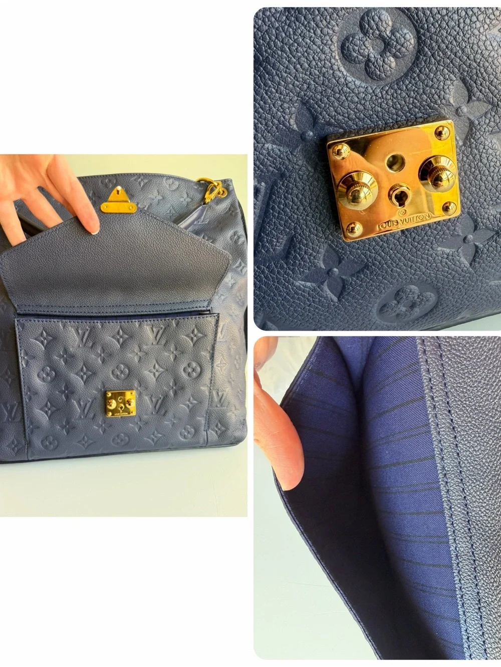 Authentic Louis Vuitton Hobo Métis Celeste Blue Empreinte Leather 2 Way Handbag